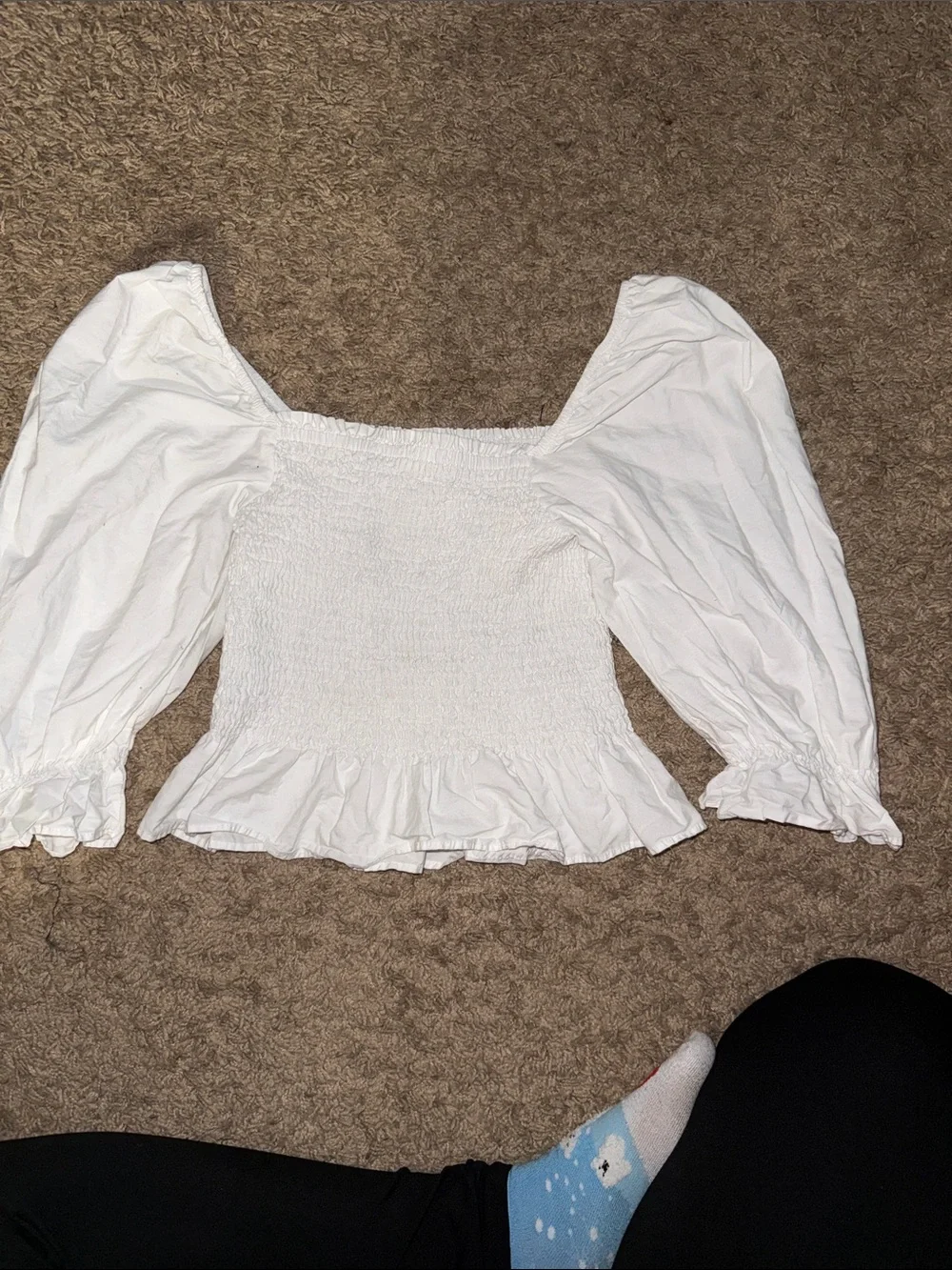 Zara White Smocked Square-Neck Puff Sleeve Top